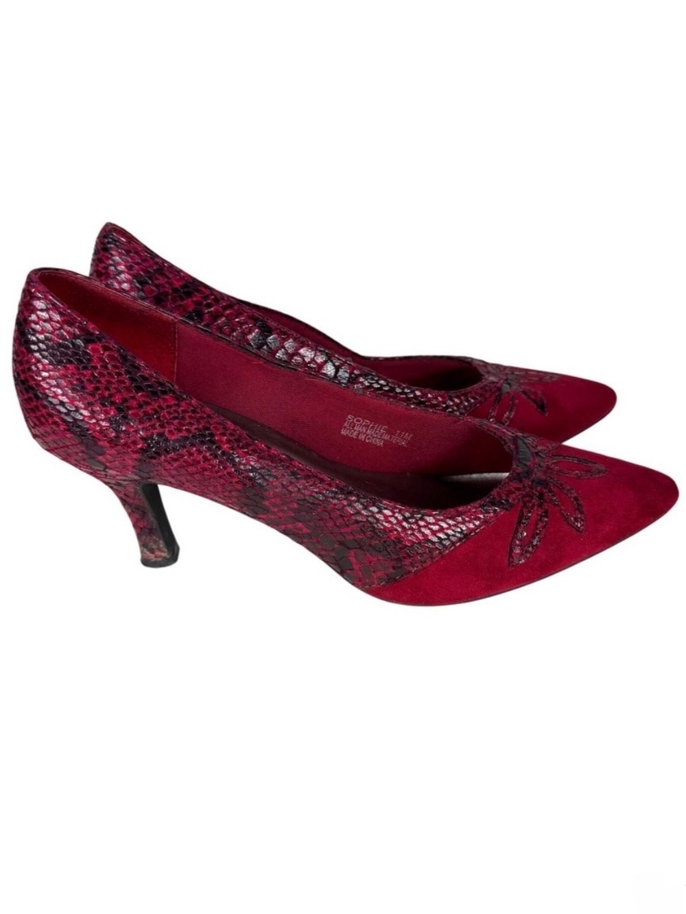 Via Piella Sophie Red Faux Suede Snake Print Pointed‎ Toe Kitten Heel Womens 11